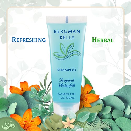 Bergman Kelly - Hotel Toiletries Bundle - Tropical Waterfall, 1 oz each, 100 Pcs - 4-Piece Set: 25 Rectangular Bar Soap, 25 Shampoo, 25 Conditioner & 25 Body Lotion - Bulk Mini Guest Amenities Supply