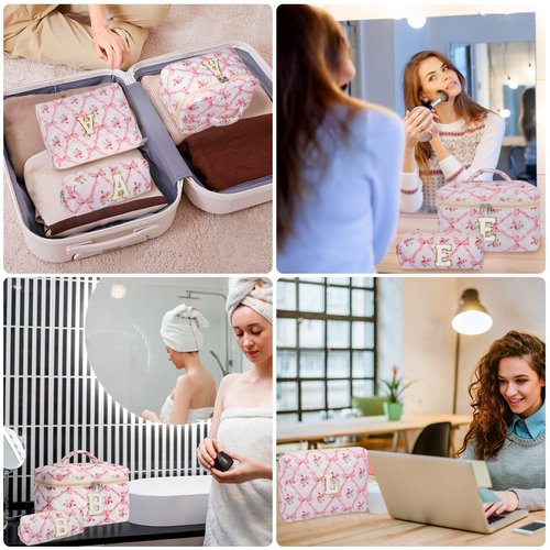 Junesters Personalized Initial Makeup Bag Set, Quilted Makeup Bag, Large Floral Cosmetic Bag for Women, Cute Cotton Custom Make up Bags, Flower Travel Toiletry Bag Teen Girl Gift Trendy Stuff Gift C