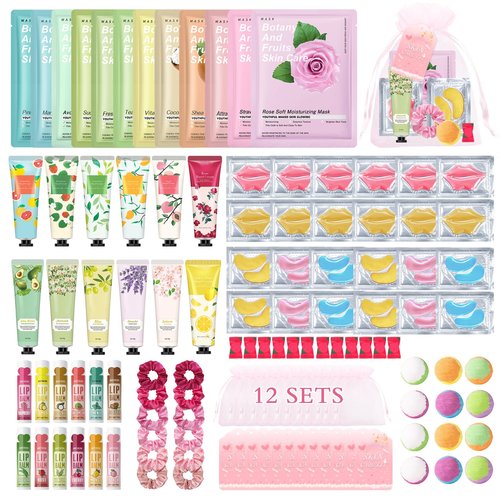QIUFSSE 120 PCS Spa Party Supplies for Girls & Women,Spa Party Favors Include Face Masks Skincare,Hand Cream,Lip Balm,Eye Masks,Lip Mask,Foot Bath Bombs,Slumber Sleepover Party Supplies for Girls