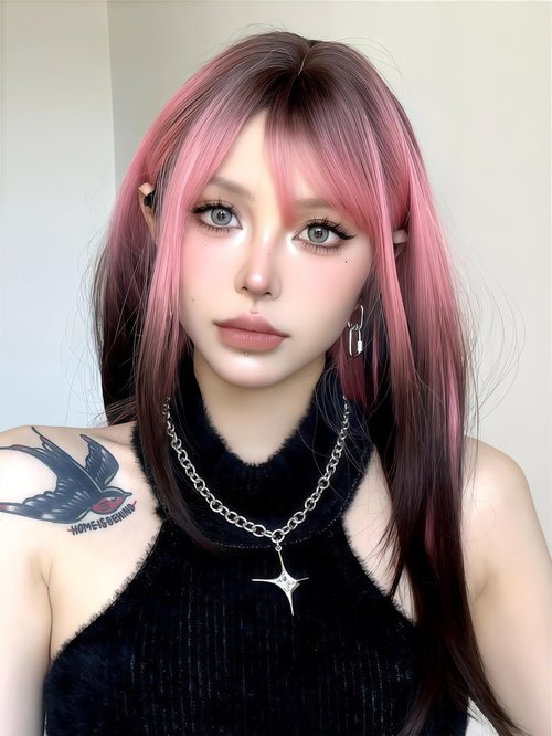 Aadesso Pink Highlight Black Hair 65cm medium-length Straight wigs for Daily Wear Heat Resistant Synthetic Matte wig with Realistic Simulation Scalp Middle Part with wig cap