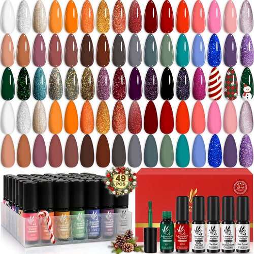 Lavender Violets 49 Pcs Gel Nail Polish Set, 45 Colors Gel Polish U V Nail Kit with Glitter Glossy Matte Base and Top Coat Set for Home Salon Manicure A906