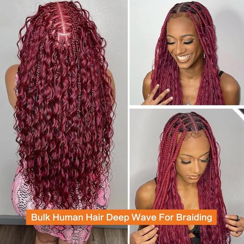 Habiliana Curly Burgundy Human Braiding Hair 2 Bundles Total 100g 16 Inch 99J Burgundy Bulk Bundles Braiding Brazilian Virgin Curly Human Hair Extensions for Boho Braids