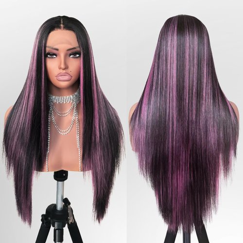 FABÉLLE Black and Pink Highlight Wig Lace Front Wigs Pre Plucked with Baby Hair Glueless Wig 26 Inch Long Straight for Women Pink Color Forehead Synthetic 13×4×1 Lace Front Wig