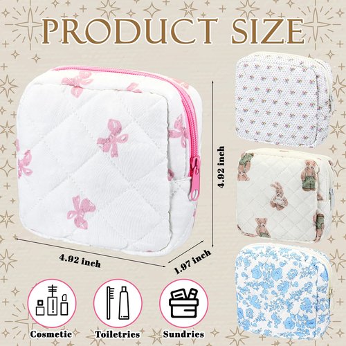 Weewooday 4 Pcs Small Quilted Makeup Bag Travel Cosmetic Makeup Bags Organizer Sanitary Napkin Storage Bag Floral Cotton Coquette Aesthetic Toiletry Bags for Women Girls(5x5x2inch,Novel)