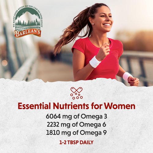 Barlean's Essential Woman Liquid Supplement for Women, Organic Flaxseed and Evening Primrose Oil for Healthy Hair, Nails and Skin, Omega 3 6 9 and GLA, 12 oz