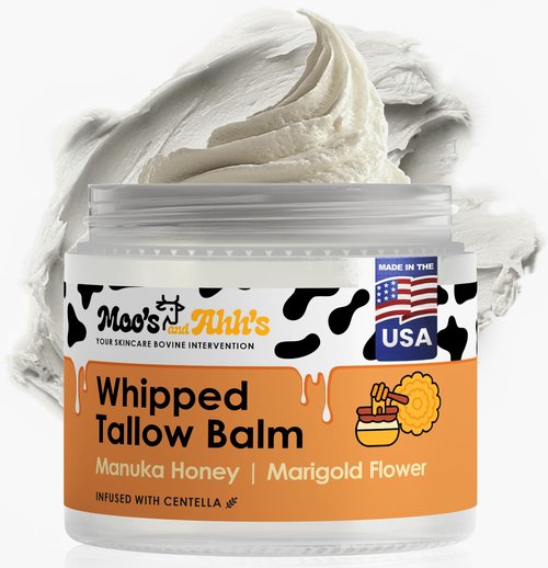 Moo's and Ahh's Whipped Tallow Balm - Beef Tallow for Skin with Organic Centella and Olive Squalane | Grass-Fed Beef Tallow Face & Body Moisturizer for Dry Skin (2 Oz, Manuka Honey + Marigold Flower)