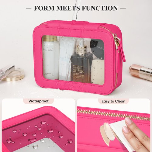 MSTONAL Clear Makeup Bag, Travel Toiletry Bag Cosmetic Case for Women, Waterproof Portable Make Up Skincare Pouch with Zipper, Compact Car Organizer Bag for Essentials, Mini & Medium, Hot Pink