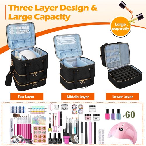 Cheungren Nail Polish Organizer Case - Three Layer Nail Polish Storage Bag with Adjustable Dividers Holds 84 Bottles Nail Polish Nail Lamp Nail Kit Supplies Organizer Box - Black