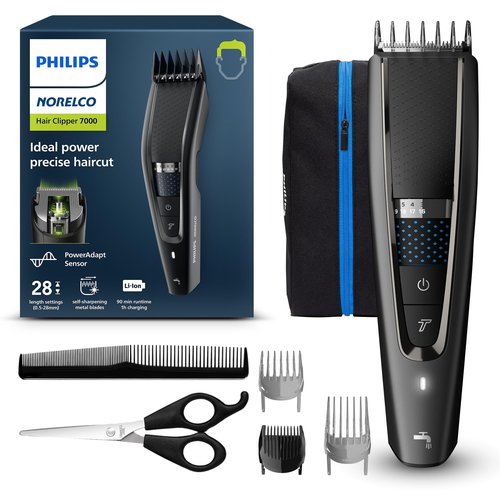 Philips Norelco Hair Clipper 7000 Series, Hair and Beard Trimmer, Precision Dial, PowerAdapt Sensor, Trim-and-Flow, DualCut, DuraPower, 28 Length Settings, 90 Min. Runtime, Model HC7650/40