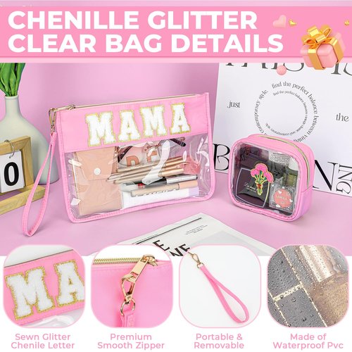 Aintmax 2Pcs Clear Mama Bag Chenille Varsity Letter Makeup Bag Preppy Patch Pouch Waterproof PVC Toiletry Organizer Flat Travel Cosmetic Bag Mother's Day Gifts for Mom Women(Mama-Pink)