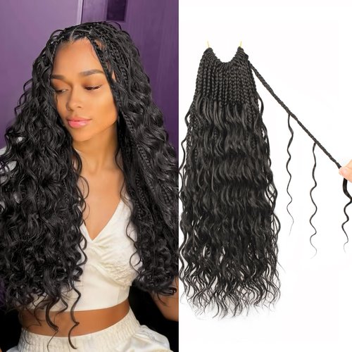 Goddess Box Braids Crochet Hair 14 inch Pure Protein Fiber Close to Human Hair 8 packs Boho Crochet Braids for Black Women Pre looped Bohemian Box Braid with Curly Ends Hair Extensions(14 inch, 1B)