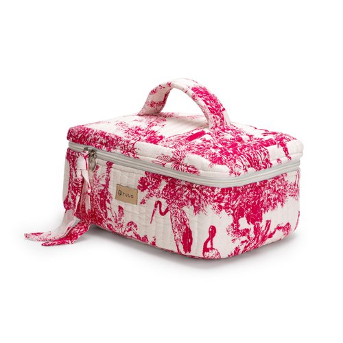 TULO Fabrics Blockprint Makeup Bag - Large Waterproof Cosmetic Organizer | Boho Toiletry Pouch for Women | Indian Craft (Red Crane)