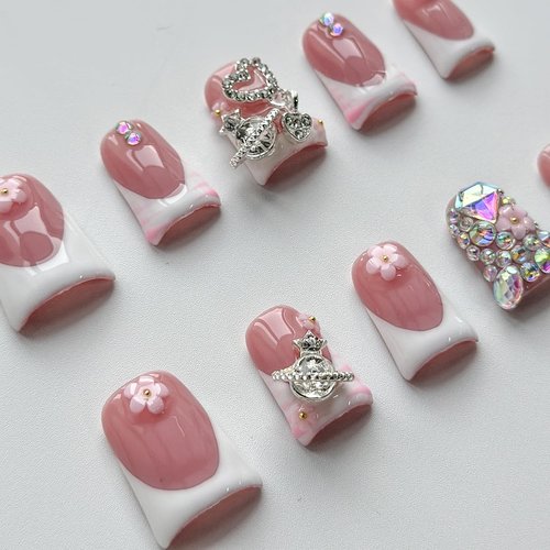 Luxury Press on Nails Short Duck Handmade 3D Unique Reusable ABS Material Fake Nails White French Tip False Nails with Designs Pink Flower Rhinestones Glossy Glue on Nail Thick Acrylic Nail(S)