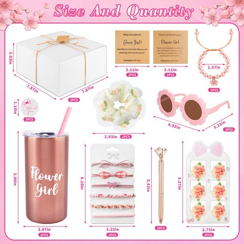 40pcs Flower Girl Proposal Gifts Set of 2, Rose Gold 12oz Tumbler Sunglasses Pearl Bracelet Diamond Pen Hair Ties Will You Be My Flower Girl Card Box