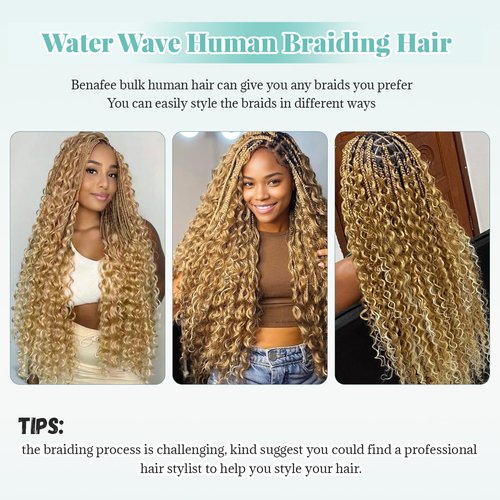 Honey Blonde Highlight Human Braiding Hair for Boho Braids Water Wave Bulk Human Hair for Braiding Ombre Color No Weft 2 Bundles 100G Wet And Wavy Twist Hair Braiding 16 Inch