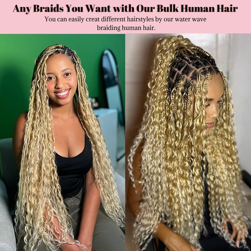 Belaved 27P613 Human Braiding Hair Water Wave Ombre for Boho Braids Strawberry Blonde to Bleach Blonde 2 Bundles100g Bulk Human Hair Extensions 10A Brazilian Highlight Curly No Weft Micro14Inch