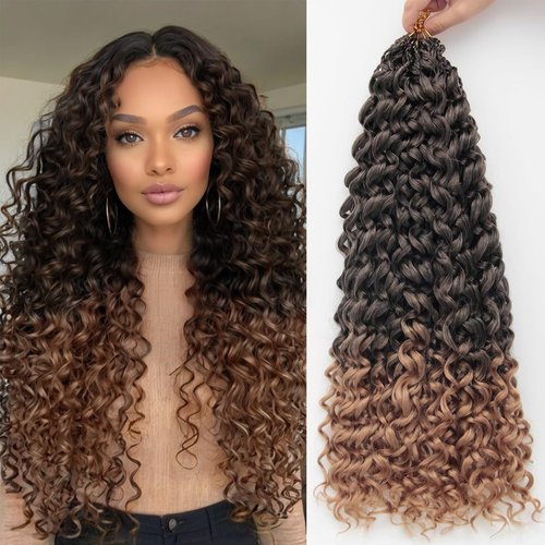 Gogo Curl Crochet Hair 8 Packs Ocean Wave Beach Curl Crochet Hair Pre Looped Long Deep Wave Hair Extension Synthetic Braiding Hair for Women Natural Black 24 Inch 1B/27