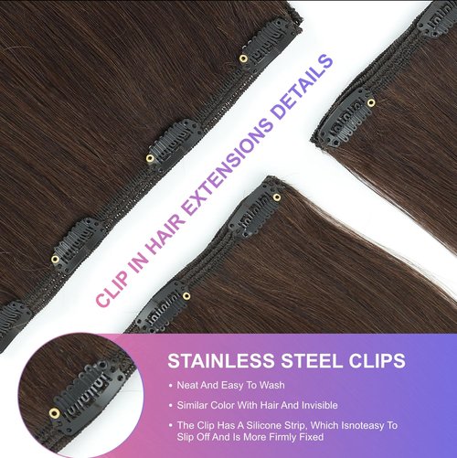 MEYOFUN Dark Brown Clip in Hair Extensions, 16 Inch 90g, 2 Dark Brown Hair Extensions Real Human Hair, Invisible Seamless Remy Human Hair Clip Extensions for Women 8pcs Per Set with Double Weft