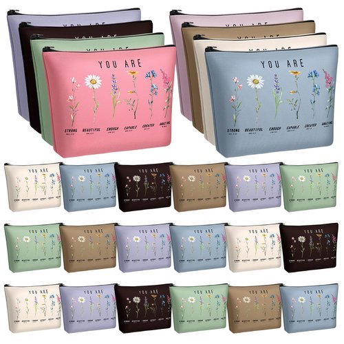 Frienda 24 Pcs God Says You Are Cosmetic Bags for Women Bible Verse Floral Makeup Case Inspirational Religious Bags Affirmations Christian Gifts for Back to School Birthday Holidays(Natural Color)