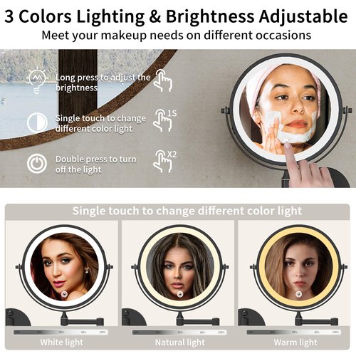 WZRUA 8 Inch Lighted Makeup Mirror Rechargeable Wall Mounted,Double-Sided 1X/10X Magnification,Dimmable 360° Swivel Extendable Bathroom Mirror Matte Black