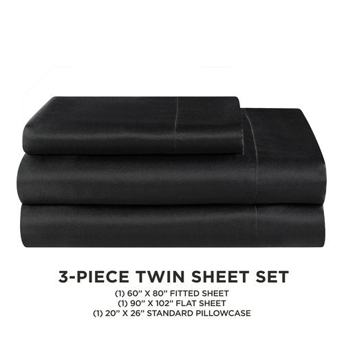 Juicy Couture Twin Size Satin Bed Sheet Set, Deep Pocket Silky Twin Sheet Set with 1 Fitted Sheet, 1 Flat Sheet and 1 Pillow Case, Wrinkle Resistant and Anti Pilling Bed Sheets - Black