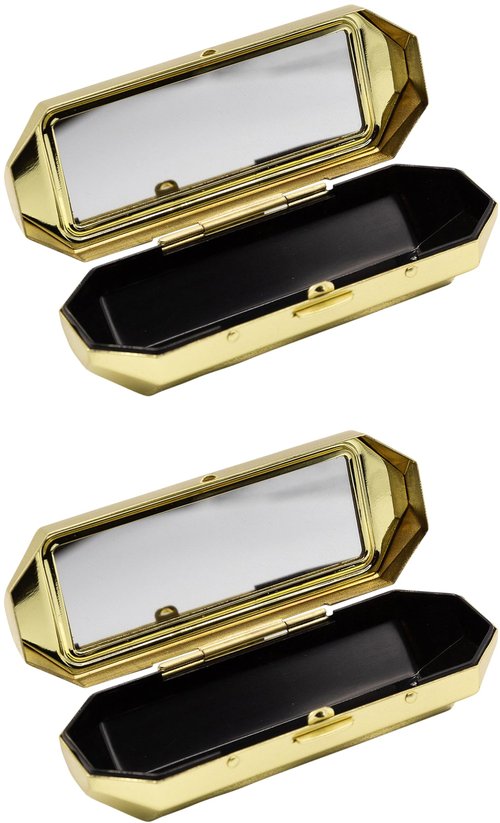 Stephanie Imports Set of 2 Capsule Shaped Lipstick Cases With Glass Mirror (Gold Polygon)