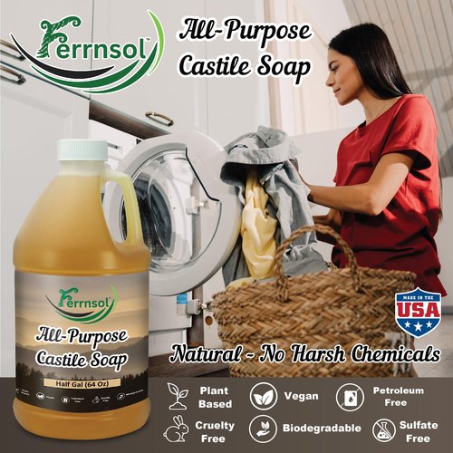 Ferrnsol AP Castile Liquid Soap (1/2-gallon) – Unscented, Fragrance-Free, Refill – Natural Multi-Purpose Soap for Home, Hands, and More – Gentle, Non-Toxic Formula – 64oz, Made in USA