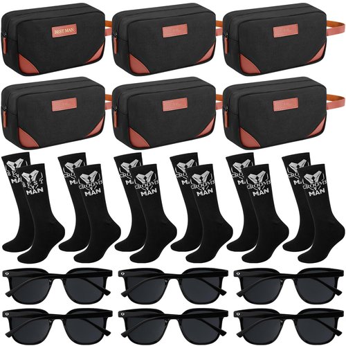 SilTriangle 18 Pcs Wedding Groomsmen Gifts Set Include Pcs Men Toiletry Bags Pairs Cotton Groomsmen Socks Pairs of Sunglasses for Wedding Proposal Gifts Bachelor Party Travel Kit(Black)