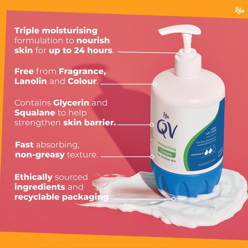 QV Cream with 10% Glycerin (500g) Rich Protective Moisturiser for Sensitive Dry Skin Fragrance Free Noncomedogenic Body Cream Hydrating Skin Care for Eczema Psoriasis Dermatitis Pump Dispenser Bottle