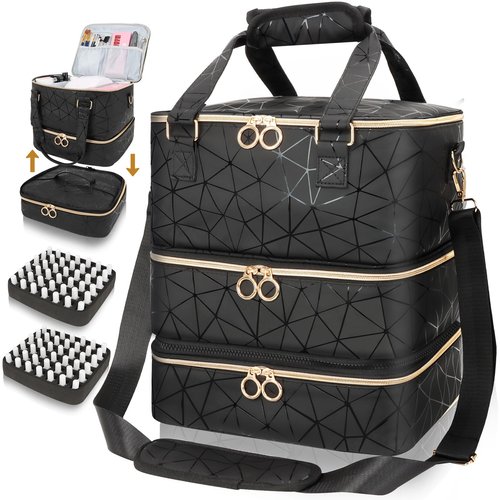 Nail Polish Organizer Bag Holds 84 Bottles & Nail Lamp, 3 Layers Nail Kit Storage Carrying Case Pu Leather, Large Nail Supplies Organizer With Shoulder Strap, Portable Travel Nail Bag For Nail Tech