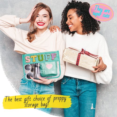 BAGMIND Preppy Patch Stuff Bag for Travel, 2 PCS Chenille Letter Clear Sunscreen Bag, PU Waterproof Beach Snack Makeup Cosmetic Bag Pouch, Gift for Women Girls