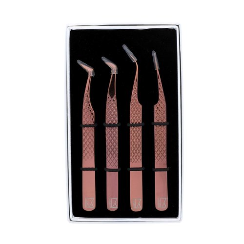 M LASH Eyelash Extension Tweezers (Set of 4) - Professional & Precision Lash Tweezers for Eyelash Extensions - Japanese Steel, Diamond Grip, Fiber Tip (Rose Gold)