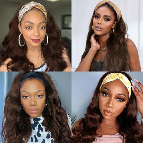 Head Band Wigs Human Hair Chocolate Brown Glueless 100% Human Hair None Lace Front Wig Virgin #4 Colored Headband Wig Human Hair 180 Density 14inch