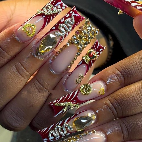 Pizadix 106 Pcs Gold Nail Charms with Dollars Sign, Coins, Cherries, Crowns, Guns and Bows for Nail Art Decoration Jewelry