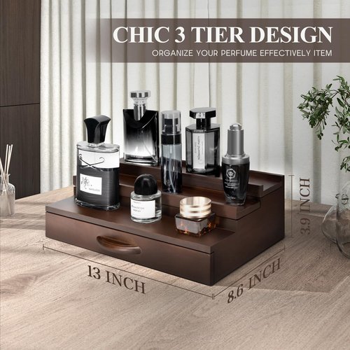 EOSAHR Farmhouse Wooden Cologne Organizer for Men - 3 Tier Perfume Stand Organizer for Dresser with Storage Drawer and Hidden Compartment - Great Gift for Men (Retro Brown)