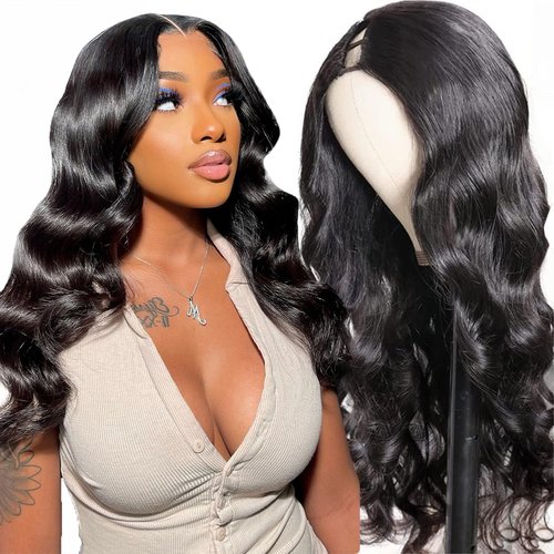Glowig U Part Human Hair Wig Body Wave for Women Brazilian Remy Upart Human Hair Wig Beginner Friendly No Sew in NO Glue 180% Density Natural Color 14Inch