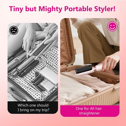 VAGARY Cordless Hair Straightener Brush,Portable Straightening Brush for Travel, 30s Fast Heat,3 Temp Settings,300 Million Negative Ions,USB Rechargeable,Anti-Scald Design Suitable for Thick,Thin Hair