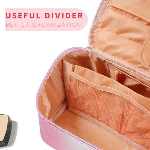 Meiyuuo Large Makeup Bag Portable Preppy Rainbow Colour Travel Pro Cosmetic Pouch Cute Cow Print Personalized Toiletry Organizer with Removable Divider for Women Initials Letter K Gradient Pink