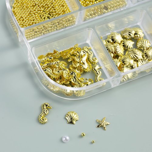 FSpronail Summer Nail Charms Nail Pearls Beach Seashell Starfish Gold Nail Charms Sea Shell Nail Gems 3D Caviar Beads Star Fish Nail Art Ocean Theme Designs Manicure Decoration Supplies