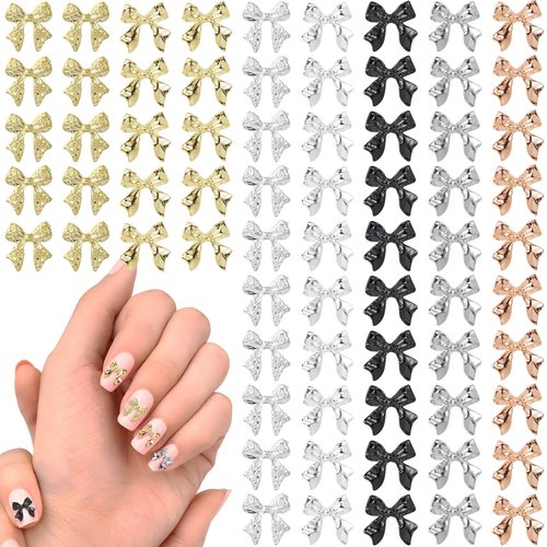 PAGOW 70 Pcs Gold Silver Black Bow Nail Charms, Acrylic Bowknot Nail Bows, Glitter Ribbon Bowknot Nail Decoration for Women, Scrapbook, Crafts, Nail Art (7 Style)