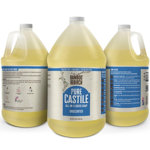 BAMBOO AND BIRCH Pure Castile Soap Liquid, Certified Palm Oil Free Natural Soap, Unscented, 1 Gallon