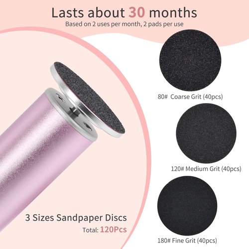 AprElm Rechargeable Electric Foot Callus Remover with 3-Sizes 120Pcs Sandpaper Discs, Professional 900RPM 3-Speed Control Aluminum Electric Foot File (E3 Rose Pink)