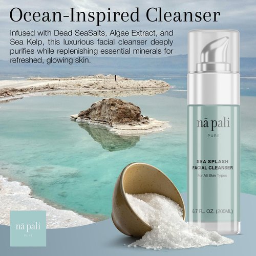 Na Pali Pure Sea Splash Facial Cleanser Hydrating Face Wash with Dead Sea Salts, Algae, Aloe & Green Tea – Gentle, pH-Balanced Daily Cleanser for All Skin Types – 6.7 fl oz