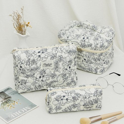 Quilted Makeup Bag Set 3 Pcs Cotton Cute Makeup Bags For Women Large Aesthetic Floral Cosmetic Bag Coquette Flower Makeup Pouch