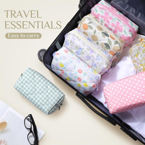 Paterr 10 Pcs Cotton Quilted Makeup Bag Bulk Cute Cosmetic Bag for Women Floral Gingham Coquette Aesthetic Travel Toiletry Pouch Bags Bridesmaid Gifts(Gingham Floral,7.87 x 4.72 x 3.15 Inches)