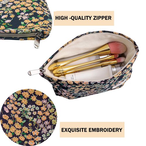 getgto 2 Pcs Makeup Bags, Large Cosmetic Bag Travel Toiletry Bag Organizer for Women, Embroidery Craft, Floral Makeup Bag Small Cosmetic Pouch Purse with Zipper Gifts for Girls Teen