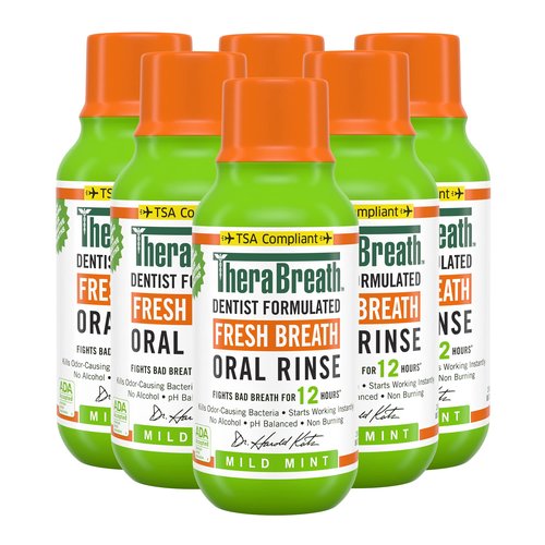 TheraBreath Chewing Gum with ZINC Citrus Mint 10 Count Pack of 6 and Mild Mint Oral Rinse 3 Fl Oz Pack of 6