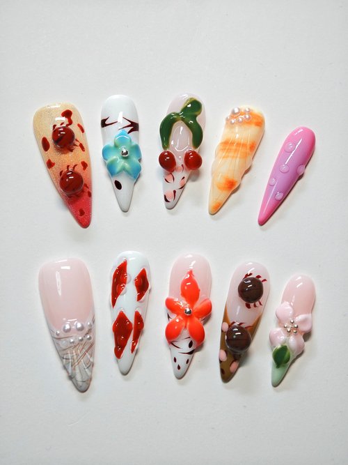 Avilux Press On Nails – Handmade, Reusable, 3D Designer Nail Art, 10Pcs Fake Nails for Women and Girls, Perfect for Holidays, Parties & Gifts (Tropical Paradise Mix, Medium)