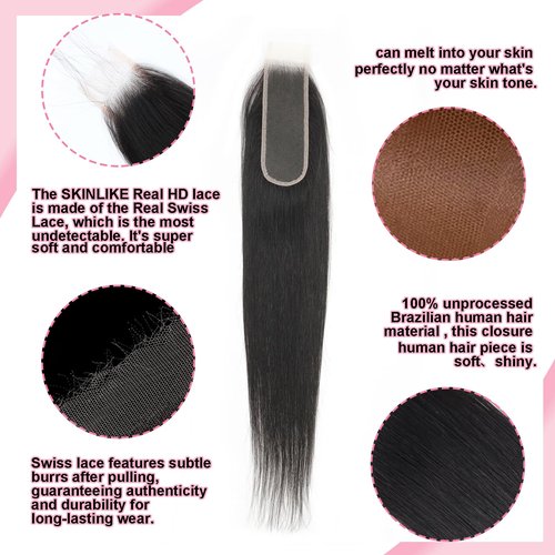 2x6 Skinlike Real HD Lace Closure Straight Human Hair Closure Invisible Ultra-thin 2x6 Kim K Lace Closure Brazilian Virgin Human Hair Pre Plucked Natural Black 14 Inch