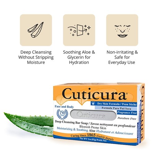 Cuticura Deep Cleansing Face and Body Soap, Dry Skin Formula – Deep Cleansing Bar Soap for Blemish-Prone Skin 3 oz (Pack of 6)
